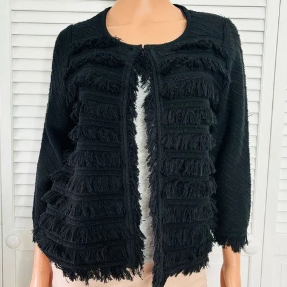 T TAHARI Black Fringe Front Cardigan Open Front Sweater Size Large
